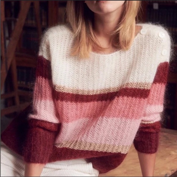 SEZANE open knit color block Tonia wool/ kid mohair boat neck sweater sz L - Picture 2 of 11